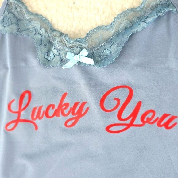 Virghoes Powder Blue Lacy Cami with red text printed Lucky You - Picture 3 of 13